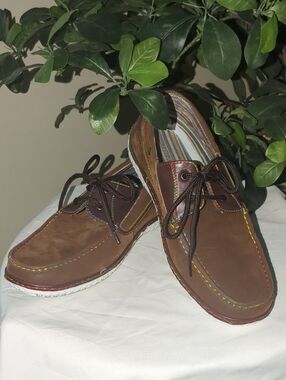 J's Awake Brown Leather Boat Shoes with Multicolor Stitching